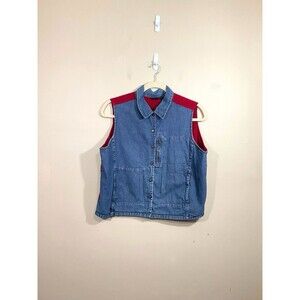 VTG Womens Denim Corduroy Sleeveless Button Up Shirt 1X Blue Red 90s Teacher